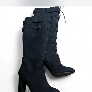 JustFab Black Suede Lace-Up Heeled Boots